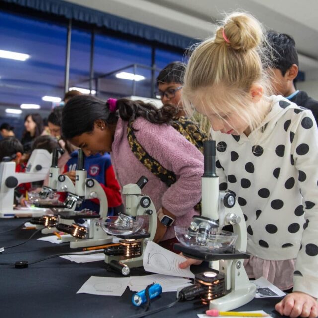 Kids looking at telescopes during the Dublin Elementary PFC STEAM night.